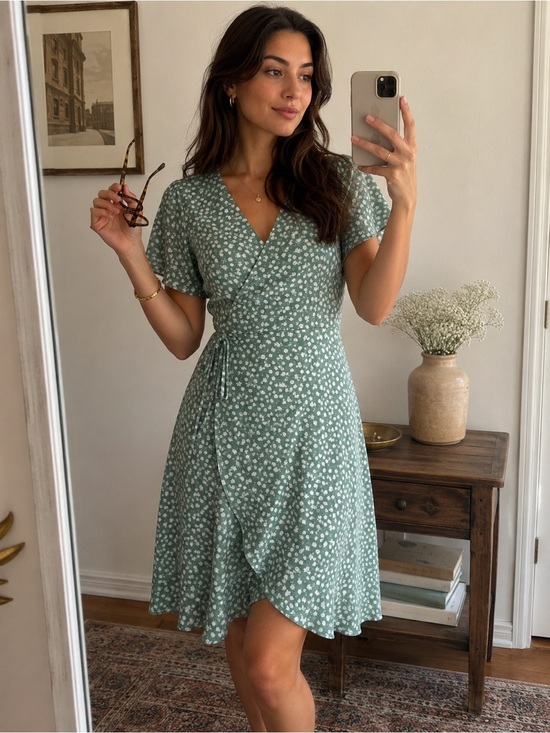 Monteau Dresses & Skirts - Monteau Mint Green Floral Wrap-Style Dress